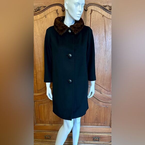 50s Coat Black Vintage Wool Fur Collar Fully Lined Size L - Picture 6 of 11